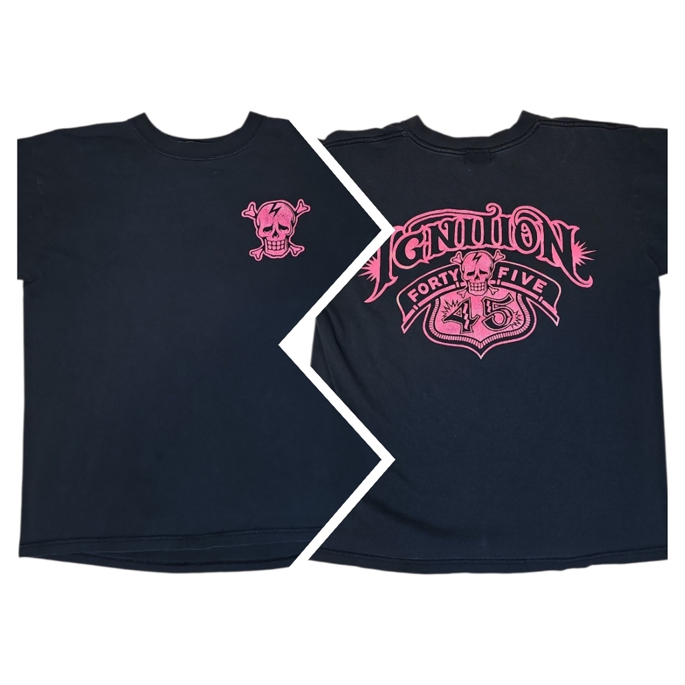 Vintage Y2K Ignition 45 Performance T-Shirt Black Pink Skull Graphic Unisex Med.